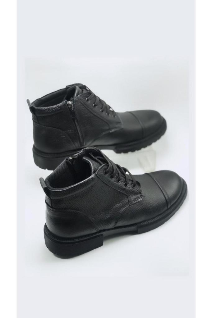 Men's Fashion Genuine Leather Flat Heeled Booties Black Zippered Winter Boots Shoes