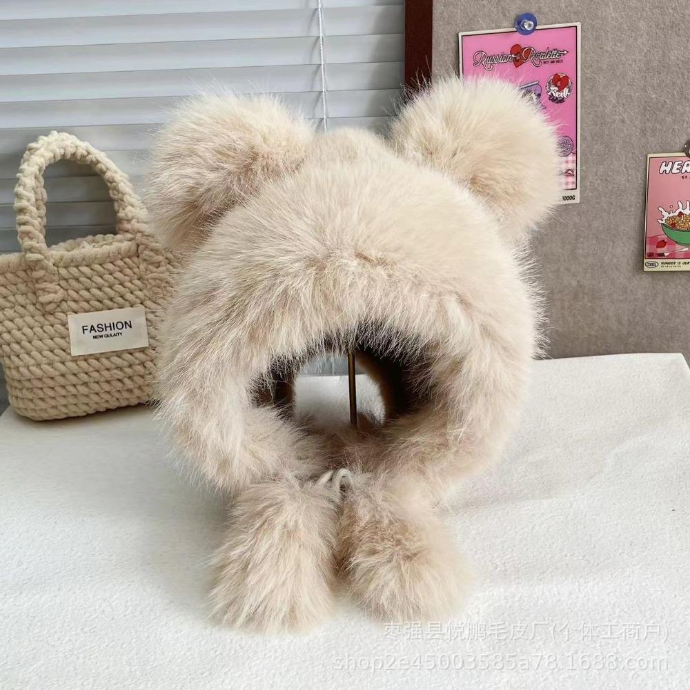 New Warm Winter Hat Lacing Ear Protection Bear Ears Hat Velvet Rabbit Ear Woolen Bucket Hat Women