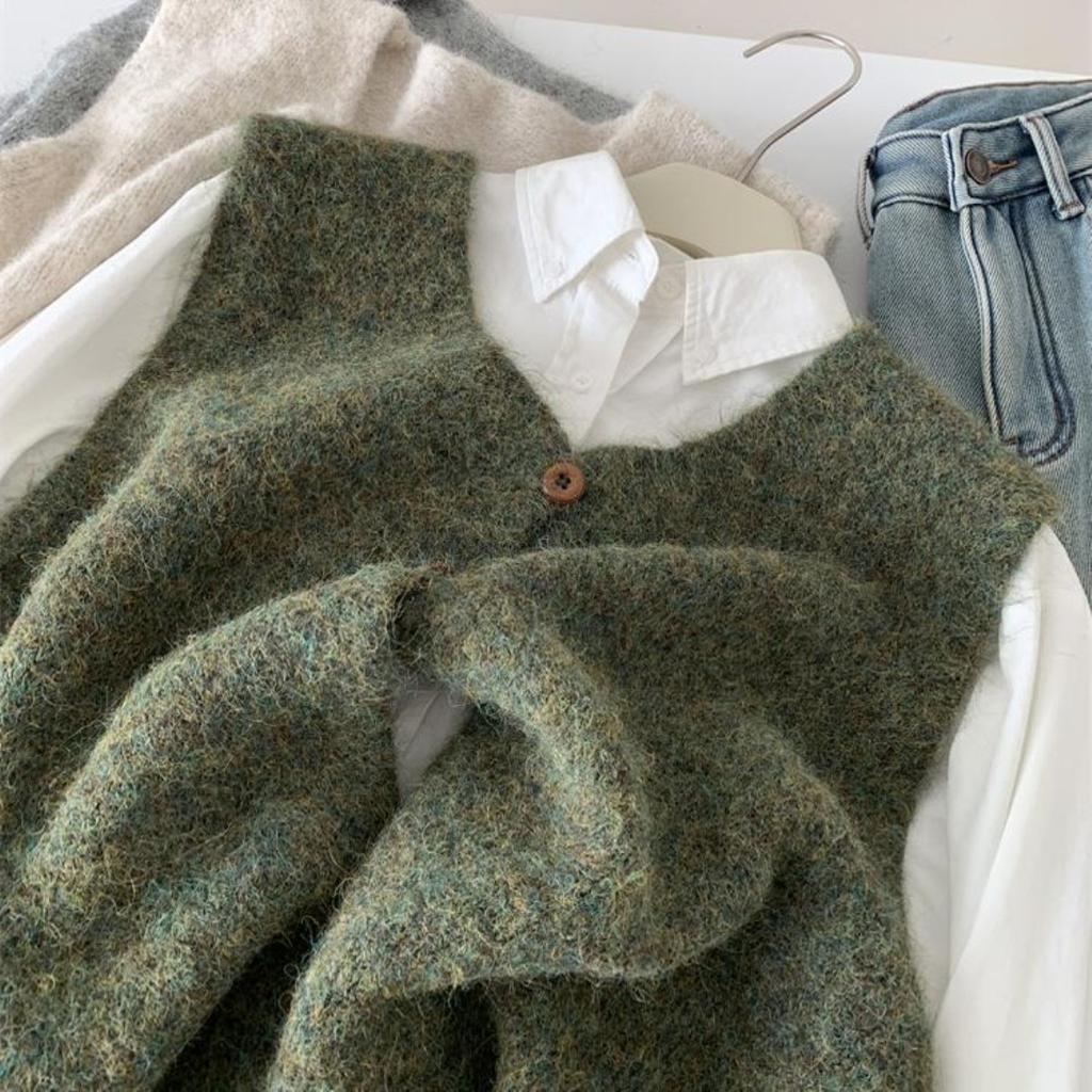 Литературный Винтажный Ленивый Стиль Вязаный Жилет на Двух Пуговицах Женский Весенне-Осенний Безрукавный Разрезной Свитер Жилет