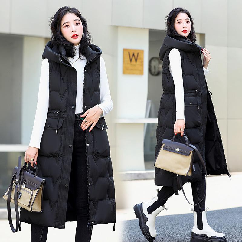 Winter Sleeveless Waistcoats Women Fashion Hooded Long Parkas Vest Warm Zipper Clothes Down Coats Parka Outerwear