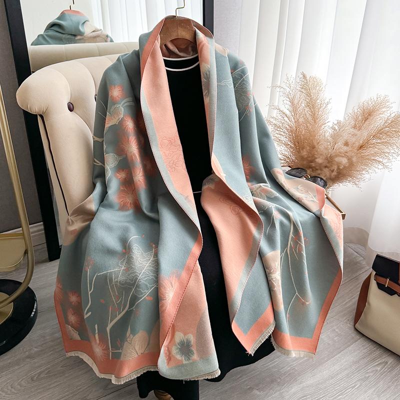 Winter Keep Warm Thickened Designer Women's Scarf Luxury Flower and Butterfly Double-Sided Cashmere Scarf Shawl Bufanda New