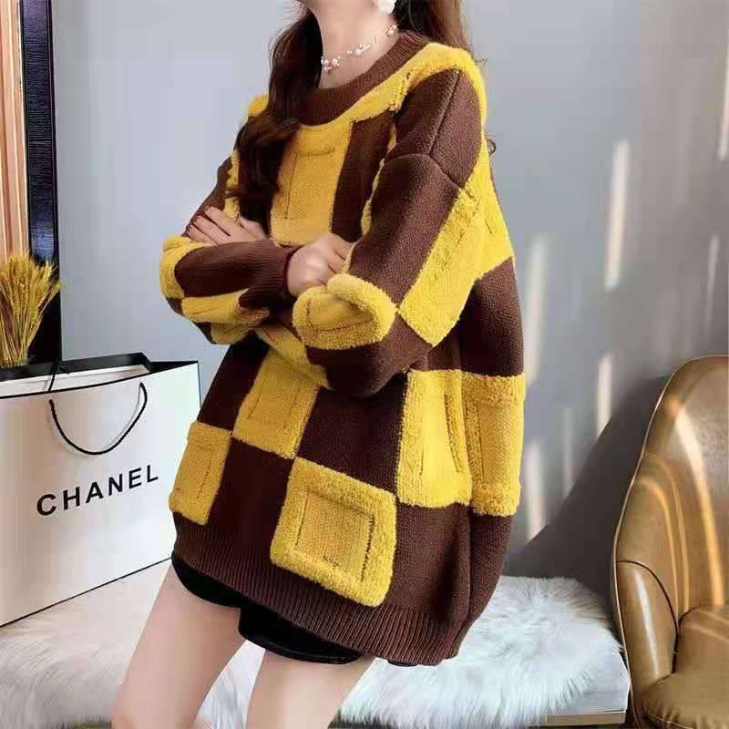 Autumn/winter Women's Square Contrasting Medium Long Pullover Sweater with Thickened Plush