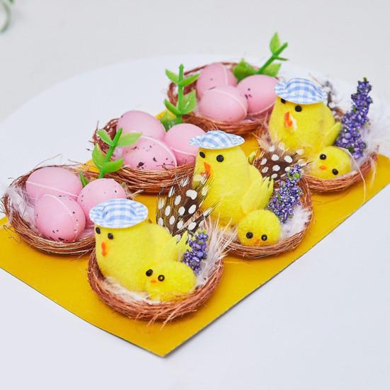 Easter Fur Chicks Mini Plush Simulation Chick Bunny Ornament with Nest Furry Animals Toy Easter Egg Filler for Kids DIY Home Garden Decoration