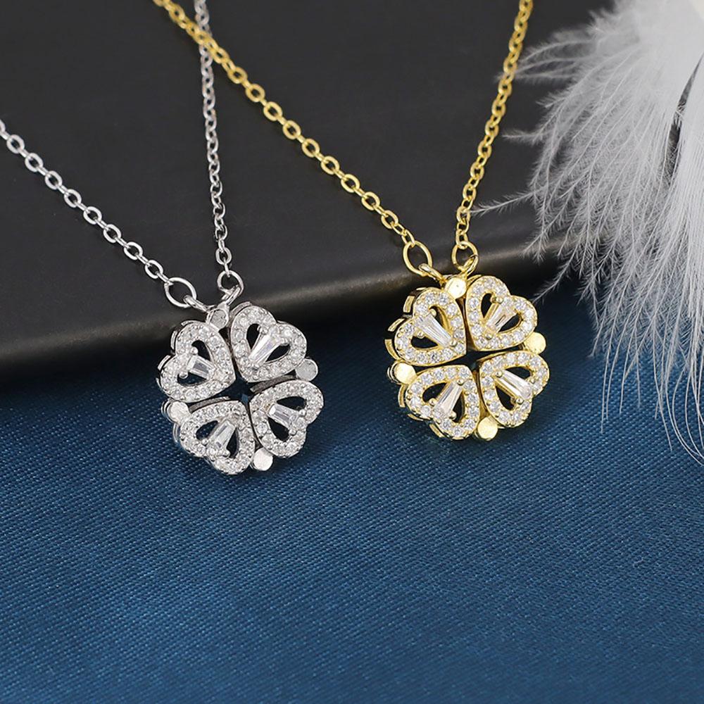Lucky Four-leaf Clover Necklace Women Magnet Heart Pendant Necklace Clavicle Chain Charm Wedding Jewelry Anniversary Gift