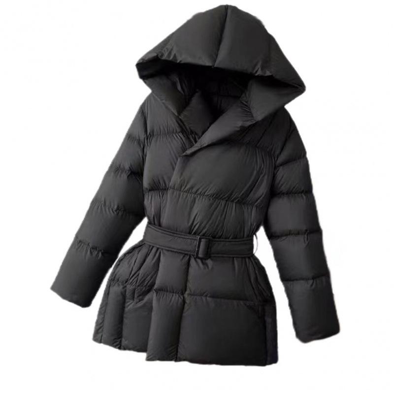Winter Hooded Women's Down Jackets Warm Casual Coat Puffer Jacket Belt Elegant Parka Overcoat