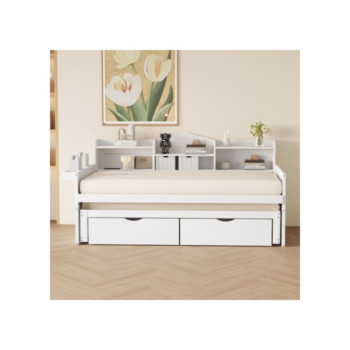 Canapé-lit - MUVOE - 90x200 cm - Blanc - Lit gigogne 90x190 cm - Rangement intégré