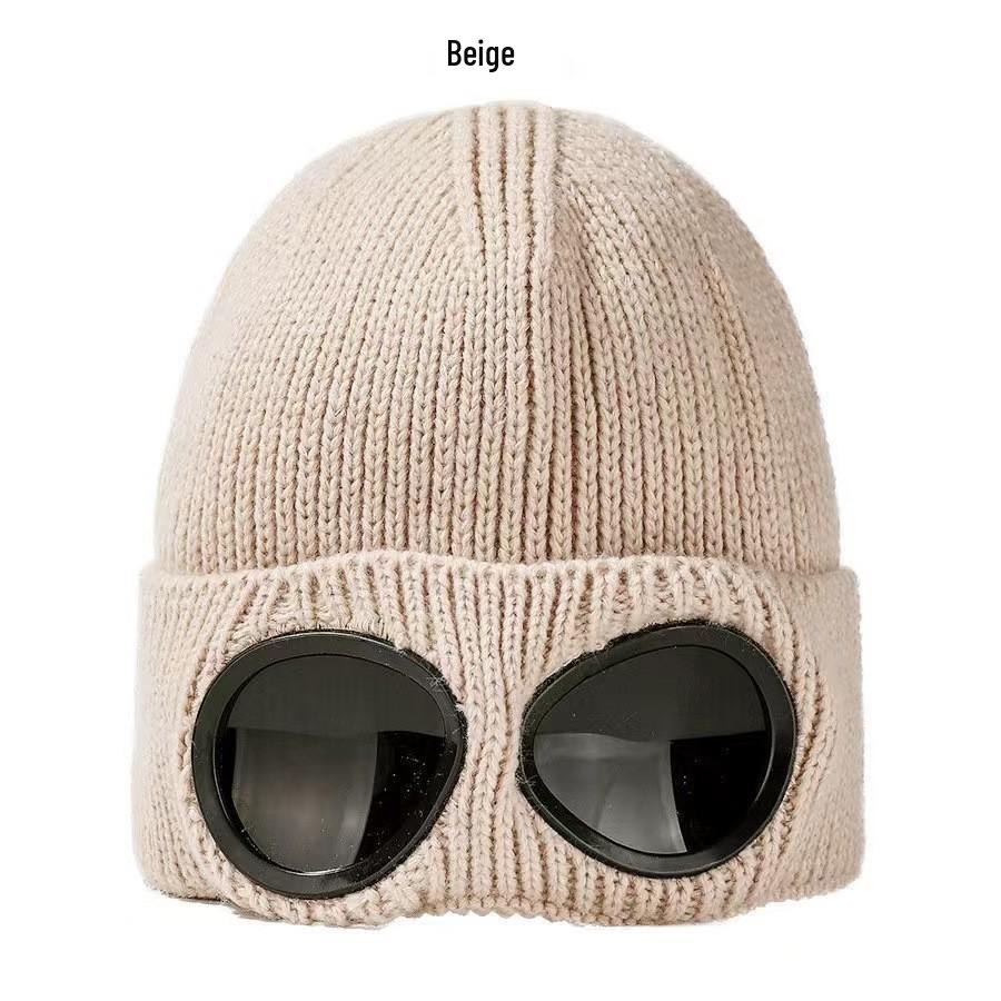 Унисекс Шерстяная Вязаная Шапка с Очками, На подкладке из бархата для тепла и ветрозащиты при катании на лыжах