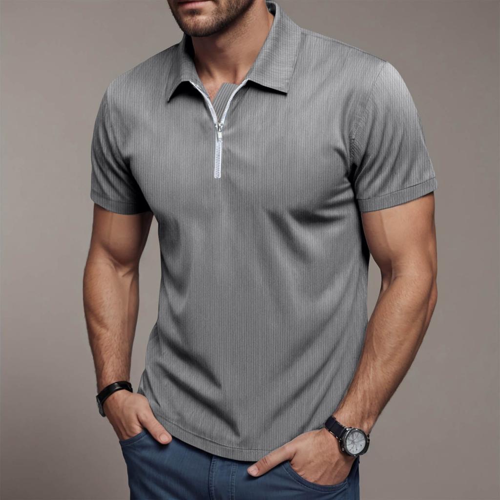 Мужская летняя свободная футболка из вельвета с коротким рукавом и застежкой-молнией на лацкан, однотонная легкая и дышащая рубашка, топы