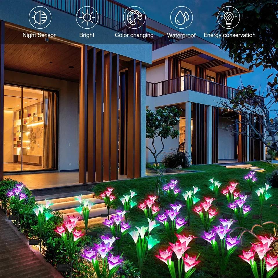 Solar Lily Flower Lights Outdoor Garden Pathway Waterproof LED Flower Lamps for Patio Yard Courtyard Party Christmas Decoration