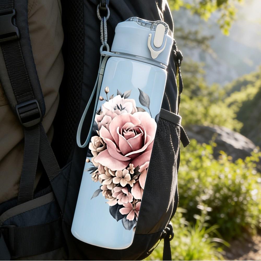 1PC Soft Pink Peony Flower Bouquet Print 750ml Color Plastic Sports Water Bottle Leakproof Flip Straw Lid Suitable for Sports Office Home Use