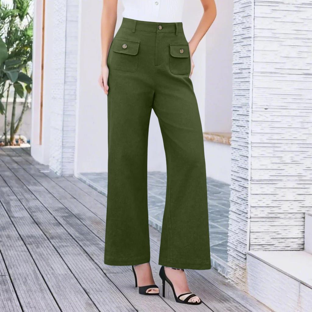 Женские летние однотонные свободные прямые брюки с внешним карманом и высокой талией