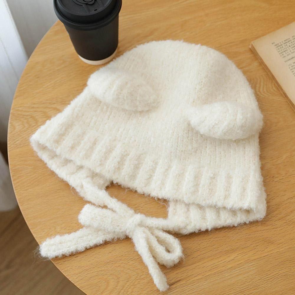 Lace-up Ear Protection Hat Warm Plush Beanie Cap Cute Bear Ears Knit Hat Cold Weather