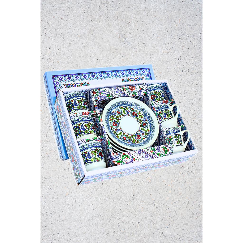 Porcelain Topkap Tile Patterned Turkish Coffee Cup Set For 6 Persons 12 Pieces