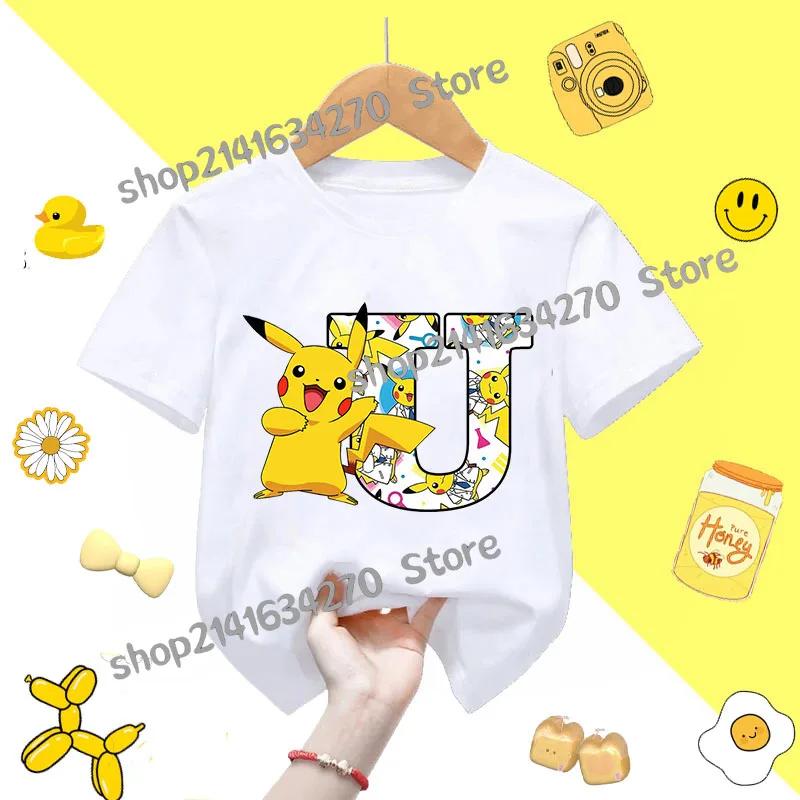 Short Sleeve Summer Tshirt Tops Cotton Tee for Pokemon Pikachu Anime AZ letters Printed Cute Clothing Children Casual Clothes