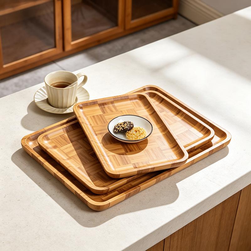 Nan Bamboo Checkered Carved Tea Tray Household Water Plate Dessert Snack Storage Tray for Restaurant Afternoon Tea