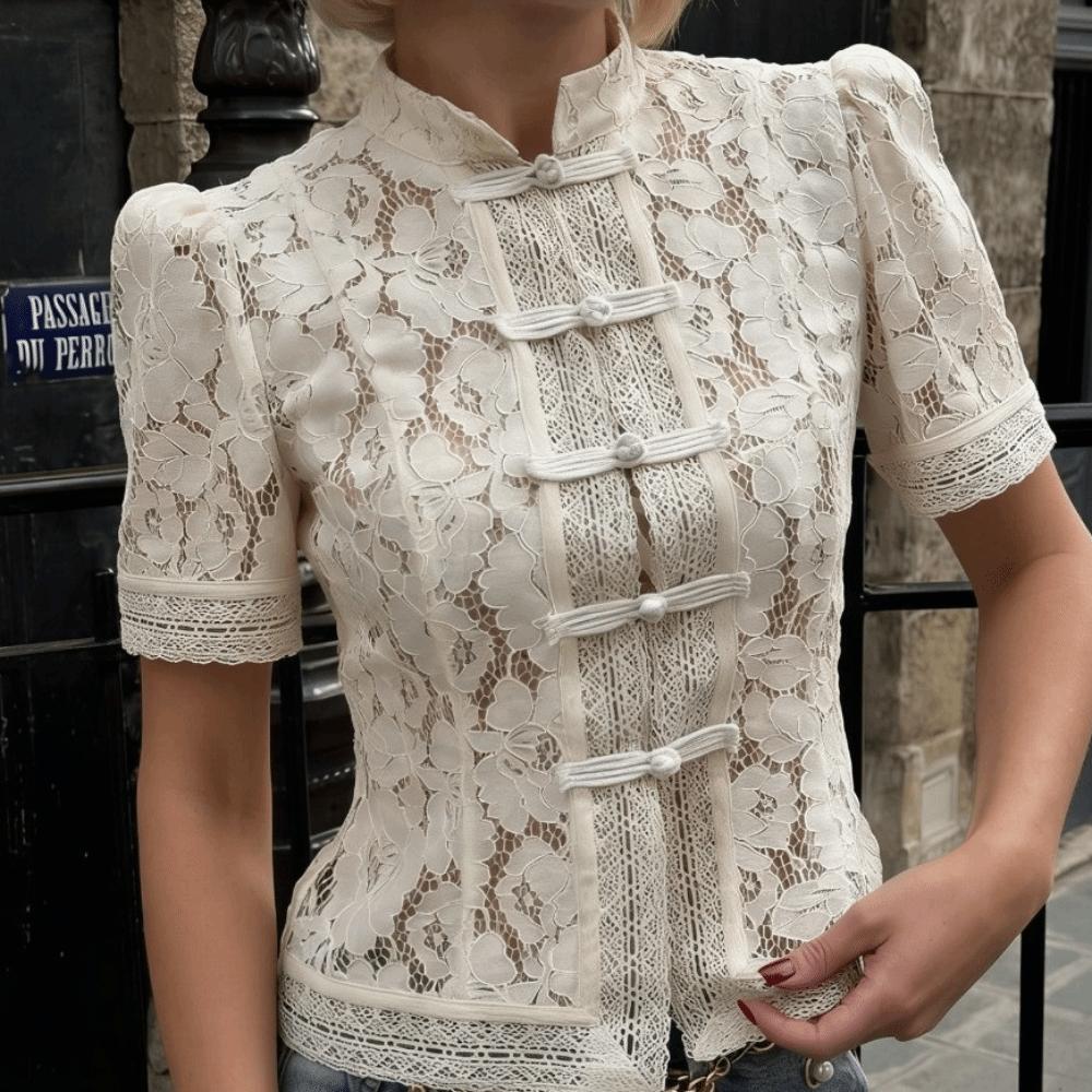 Slim Fit Lace Printed Shirts Hollowed Out Y2K Crop Top Chic Women Shirt Tops Summer
