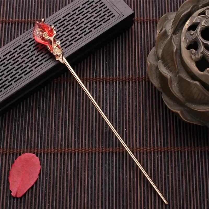 Chinese Style Vintage Hair Chopsticks Hairpins Women Elegant Hair Stick Korean Metal Glaze Woman Hair Clip Accessories Jewelry