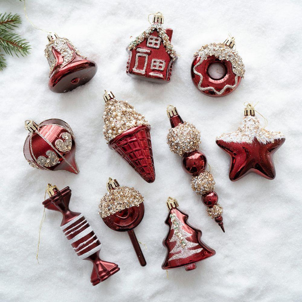 Red Painted Christmas Hanging Ornaments Bell Shape Irregular Design Small Pendants Bright Color Donut Shape