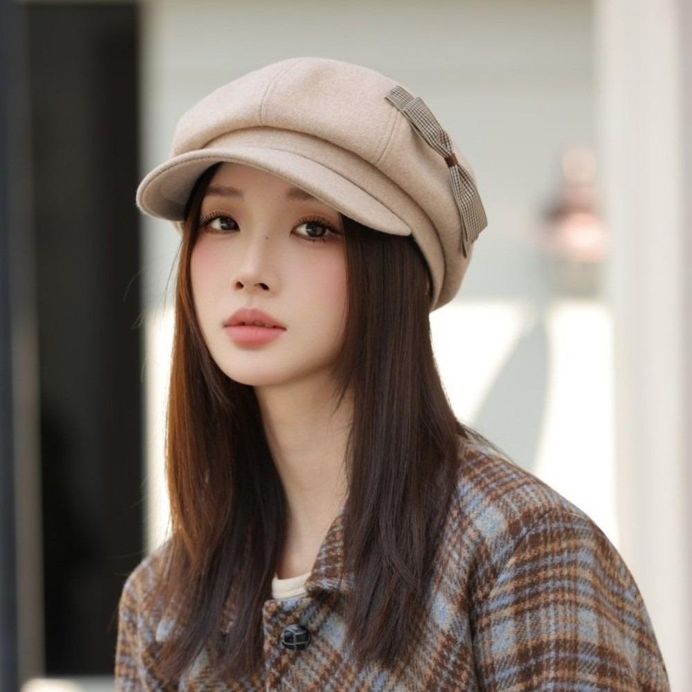 Wool Newsboy Hat Solid Color Octagonal Cap Casual Painter Hat  Female