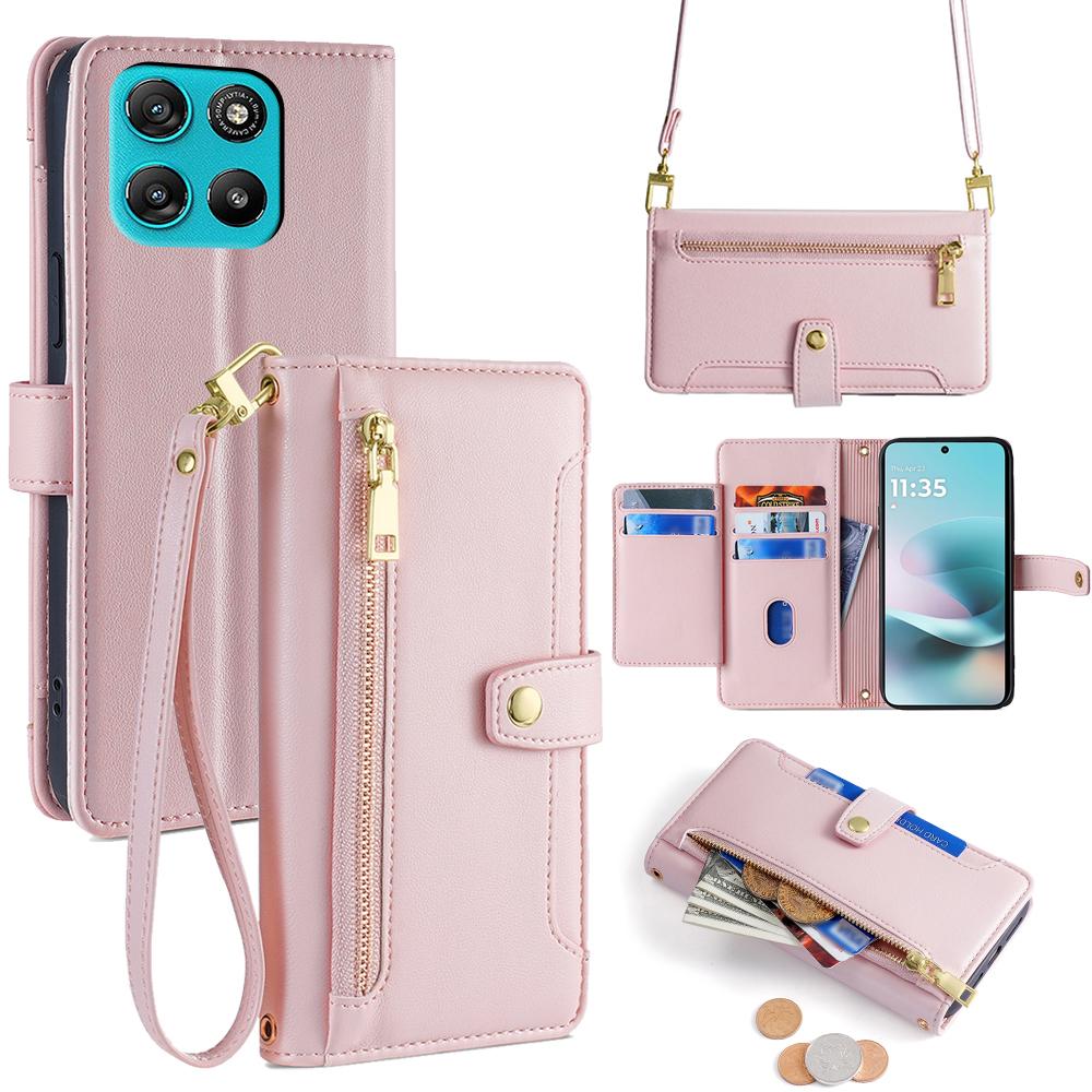 For Motorola Moto G67 Power 5G Leather Case Zipper Pocket Wallet Phone Cover with 2 Straps