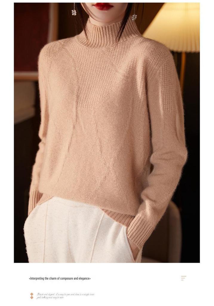 Women's Autumn/Winter Wool Pullover Sweater - Half-High Collar, Irregular Lines, Casual, Thickened Base Layer