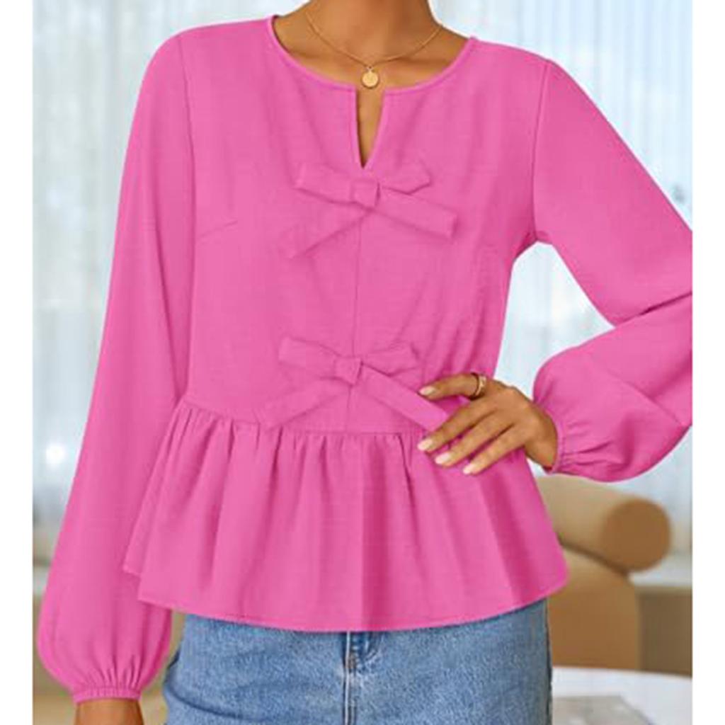 Женская футболка однотонная с V-образным вырезом, с длинным рукавом, топ с завязками-бантами