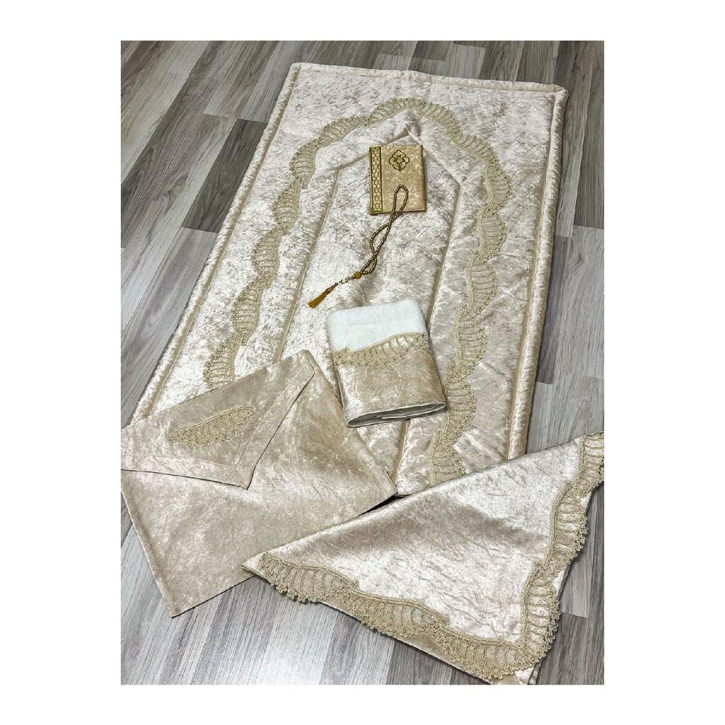 6 Piece Velvet French Laced Dowry Box Boxed Prayer Rug Set Bride Groom Set