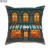 1pc 2D Flat Throw Pillow Covers Halloween Season Pumpkin Shop Facade Vintage Illustration Teal Orange Brown Soft Velvet Washable Pattern Pillow Covers