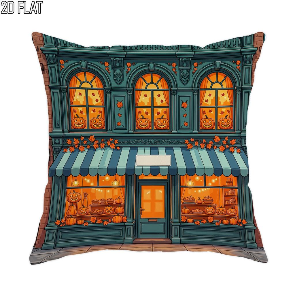 1pc 2D Flat Throw Pillow Covers Halloween Season Pumpkin Shop Facade Vintage Illustration Teal Orange Brown Soft Velvet Washable Pattern Pillow Covers