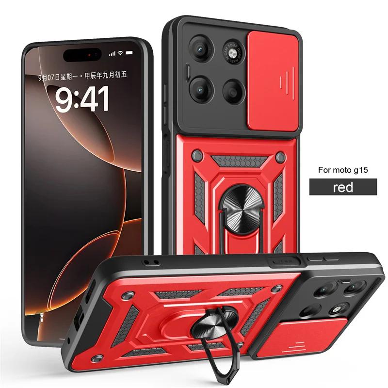 Бронированный чехол для Motorola G15 G05 G35 G45 G55 G75 G85 Edge 50 Fusion 5G с выдвижной защитой камеры, кольцом-держателем, противоударный чехол, Fundas