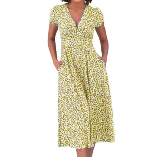 Платье миди в стиле бохо с V-образным вырезом, короткими рукавами, высокой талией, женским платьем с карманами, струящимся подолом, платье А-силуэта