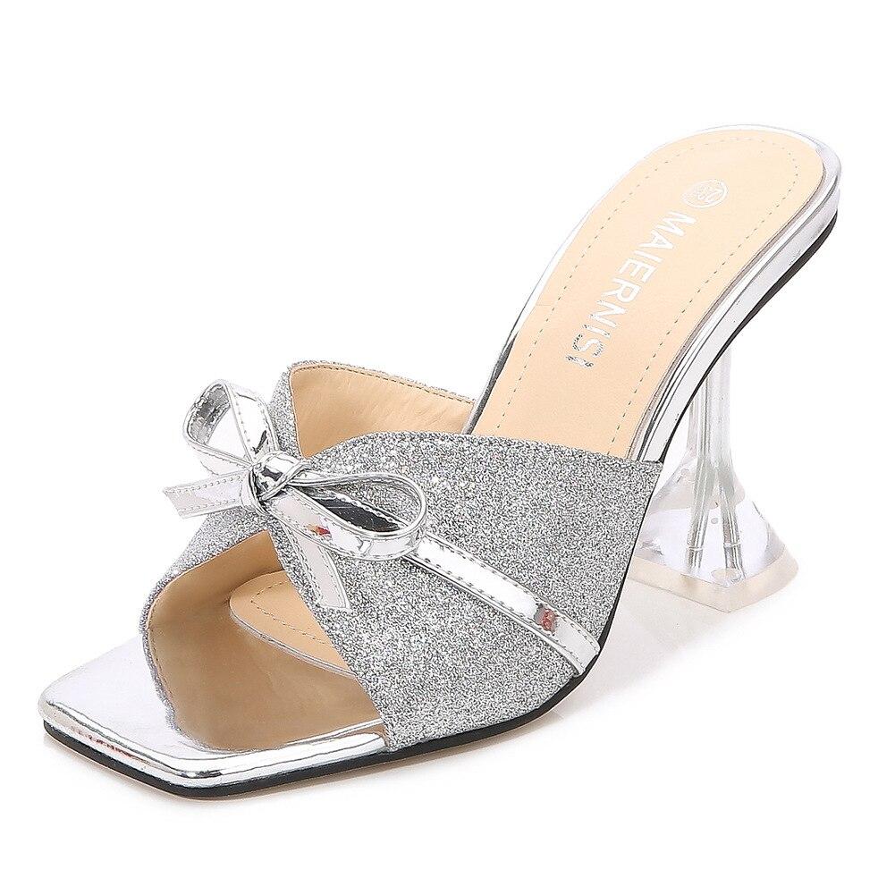 Красные сандалии на шпильке с неглубоким носком, модные модные тапочки большого размера на высоком каблуке, модные босоножки с открытым носком и бантом WZ