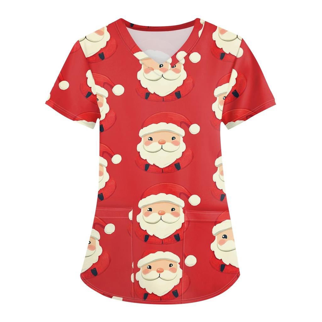 Plus Size Printed Scrub Working Uniform Tops For Women's Cross V Neck Christmas Print Short Sleeve Fun T-Shirts Workwear Tee With Pockets