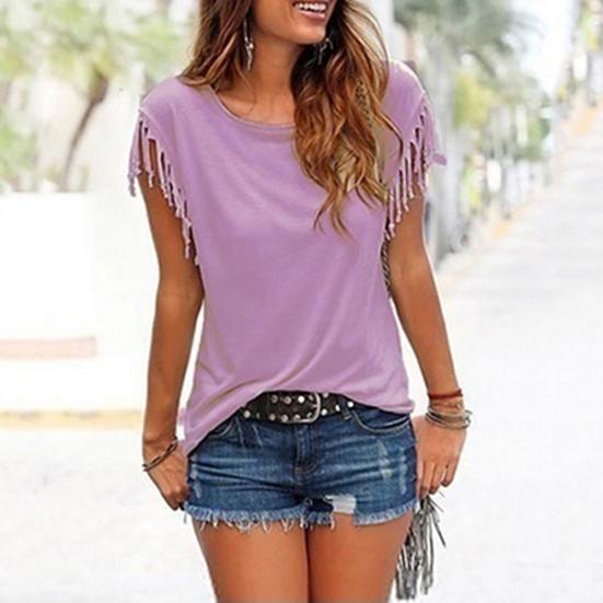 Летняя женская повседневная однотонная свободная футболка с круглым вырезом и коротким рукавом с кисточками, топ