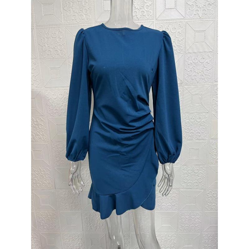 Весна-Осень Женское Платье с Рукавами-Бабочками Чистого Цвета Приталенный Покрой Облегающее Платье с Поясом