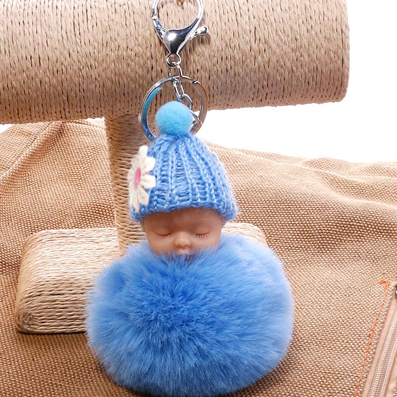 1PC Cartoon Lovely Women Baby Sleep Doll Keyring Plush Bag Pendant Fluffy Fur Ball