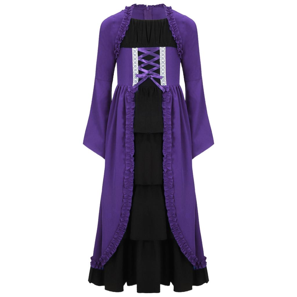 Girls Medieval Renaissance Long Dress Color Contrast Bell Sleeve Layered Ruffles Costume