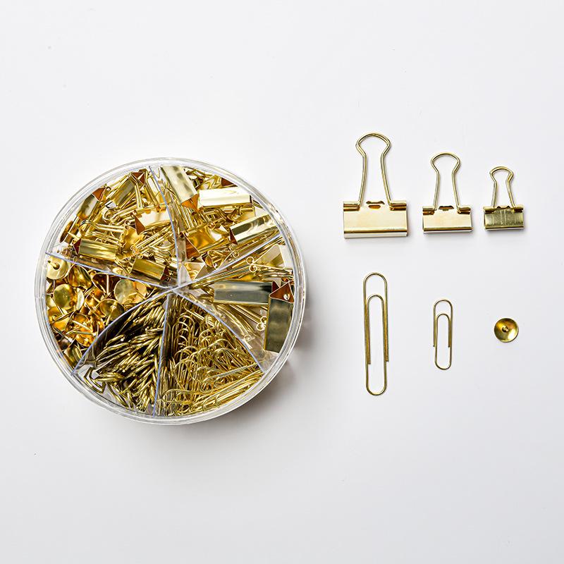Офисный набор с покрытием из розового золота: 6-секционные зажимы с длинным хвостом, скрепки для бумаги, металлические кнопки, кнопки и место для хранения переплета.