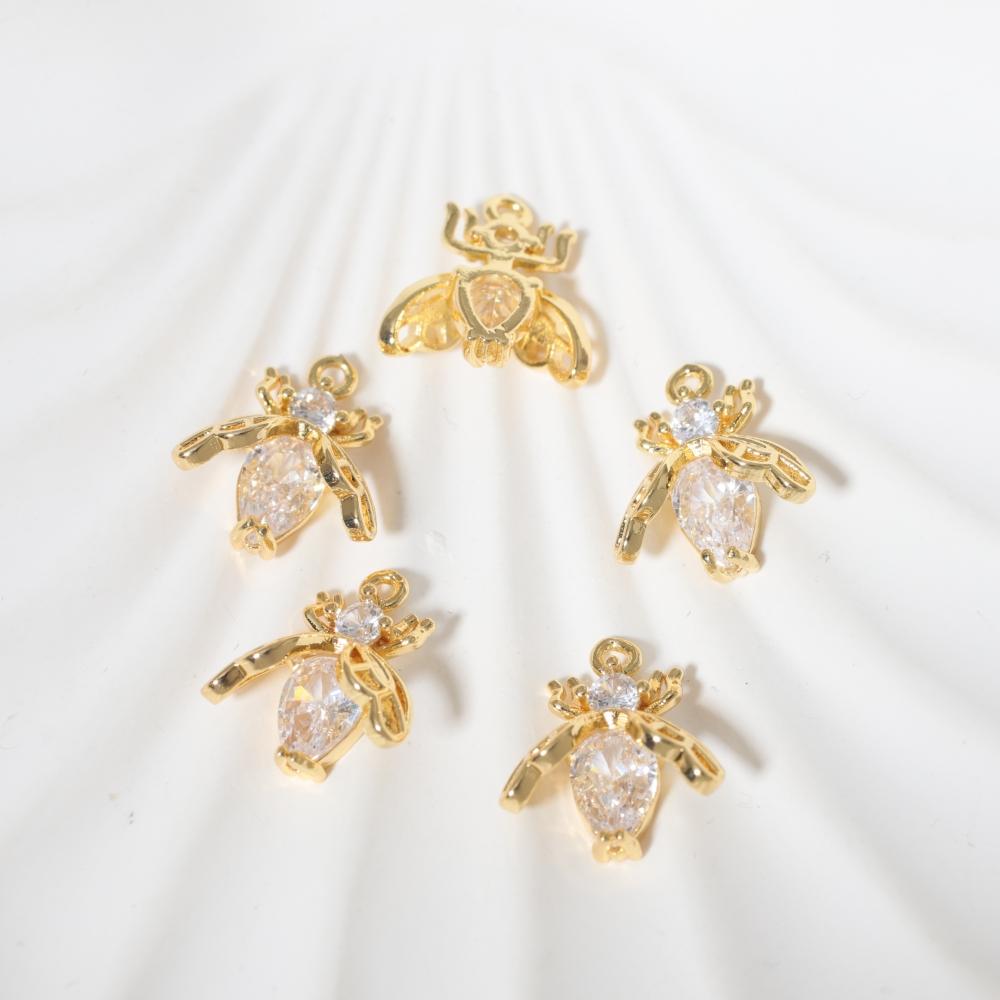 Mini Bee Pendant Charms, Golden Plated Copper Inlaid Zirconia Findings for Handmade Jewelry Accessories