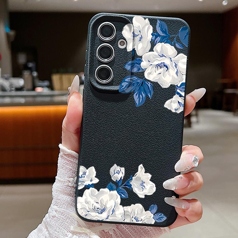 Белый Чехол с Гарденией для Samsung S26 S25 S24 Ultra S23 S22 S21 FE A15 A16 A17 A26 A35 A36 A37 A54 A55 A56 A57 5G Силиконовый Чехол с Текстурой Кожи