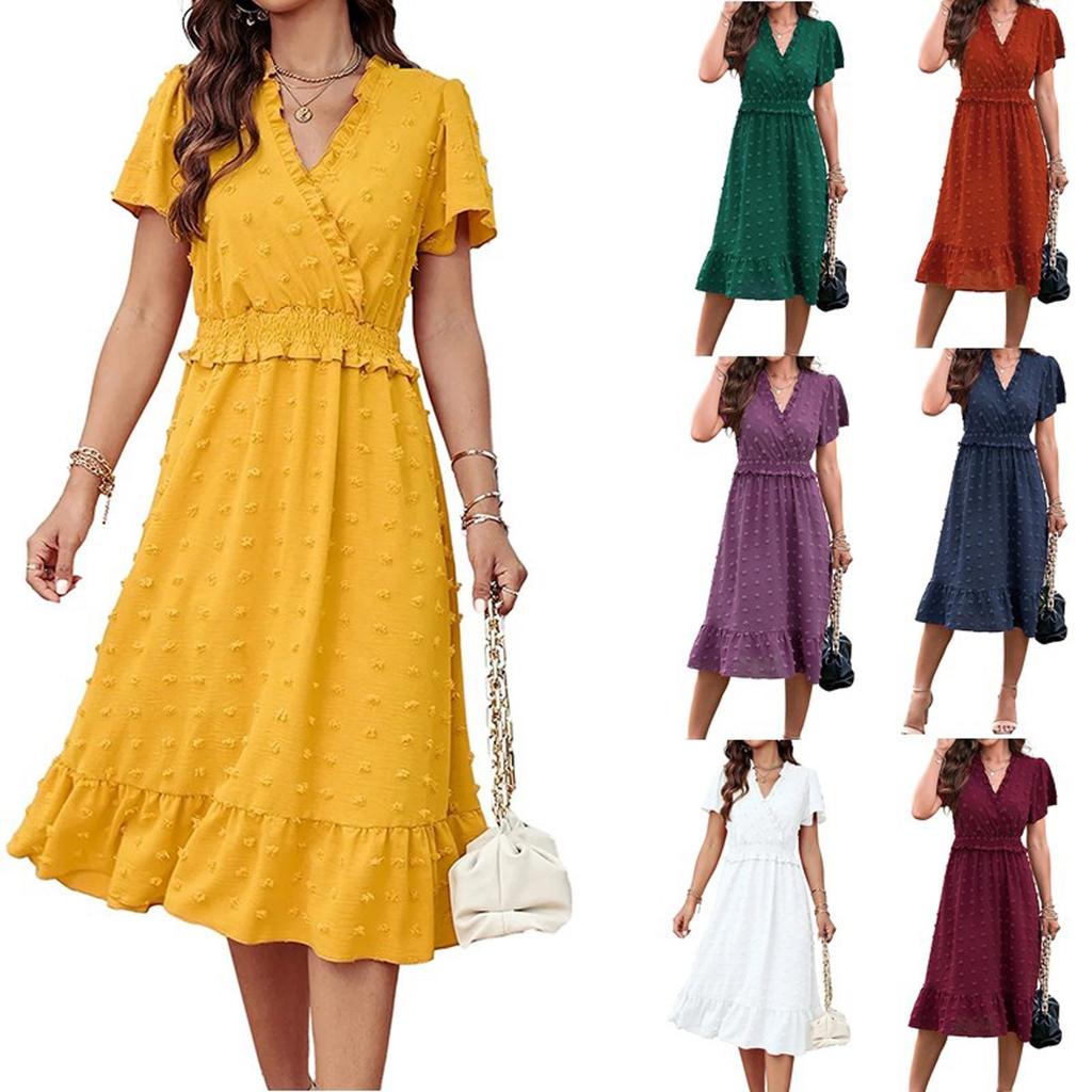 Women's Summer Dress V Neck Short Sleeve Belted Ruffle Hem A-Line Bohemian Maxi Dresses
