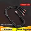66W 3 In 1 USB A To Type-C Fast Charging Data Cable For iPhone 15 14 Pro Max Xiaomi Samsung Huawei Micro USB Mobile Phone Cable