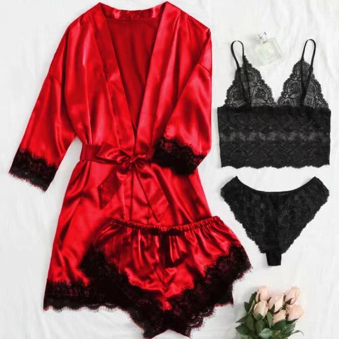 European Luxury V-neck Satin Pajama Set: Lace Cami, Five-Point Sleeve Robe, Four Pieces