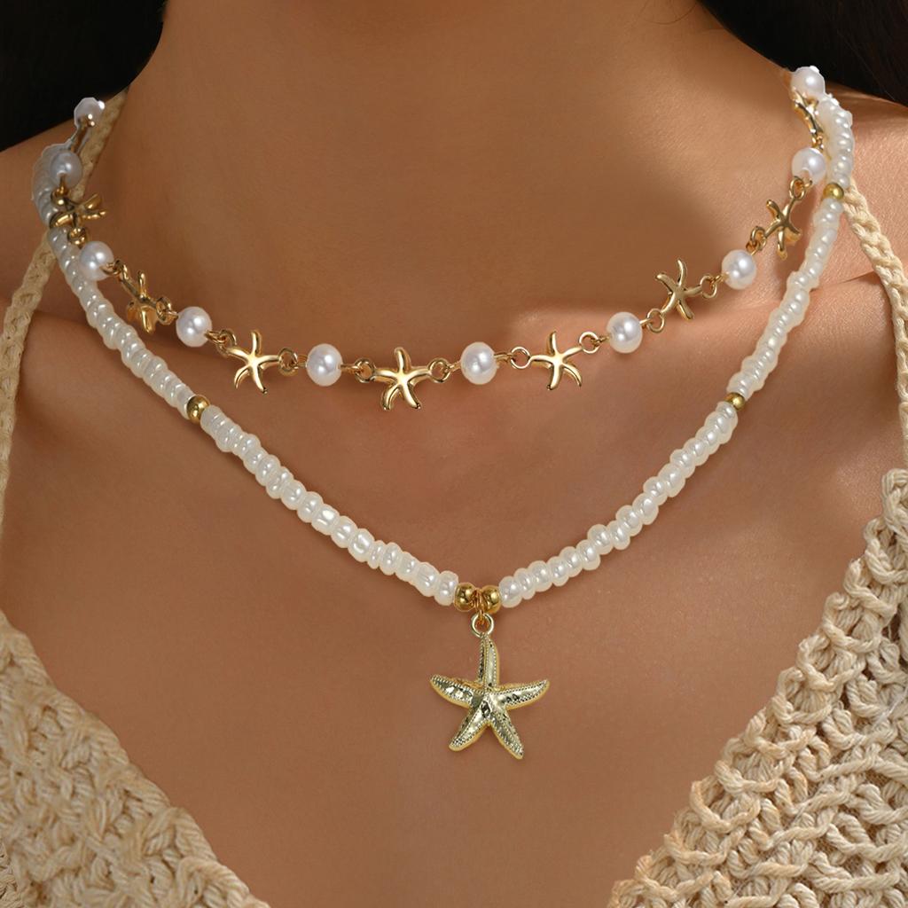 1 New Bohemian Conch Starfish Stacked Necklace Suit Suitable for Holiday.