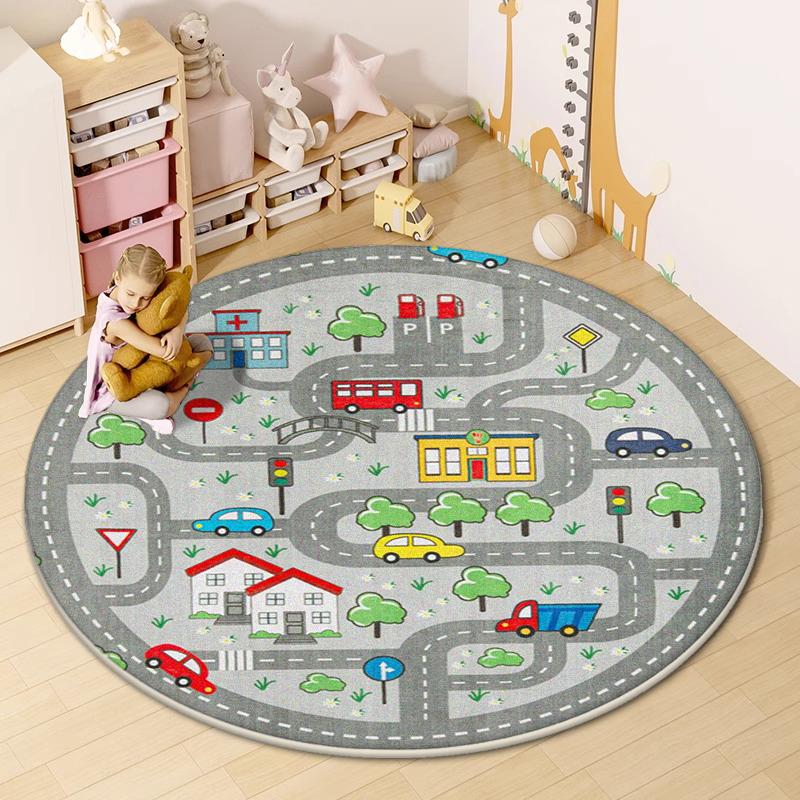 Road Round Mat for Children Cute Cartoon Children Room Area Rug Home Living Room Carpet Non-slip Soft Hanging Basket Chair Mats