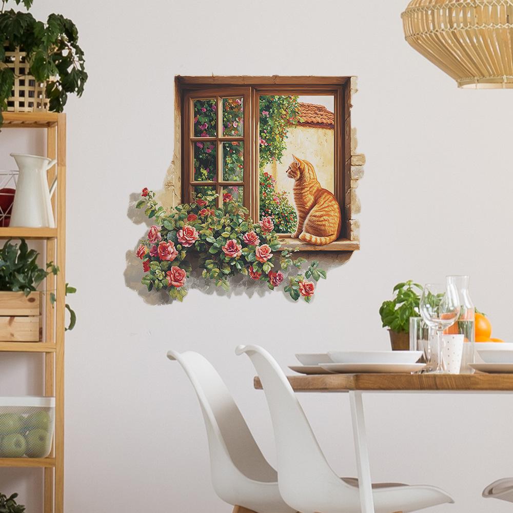Окно Роза Оранжевый Кот Спальня Гостиная Дом Фон Украшение и Декор Наклейки на Стену