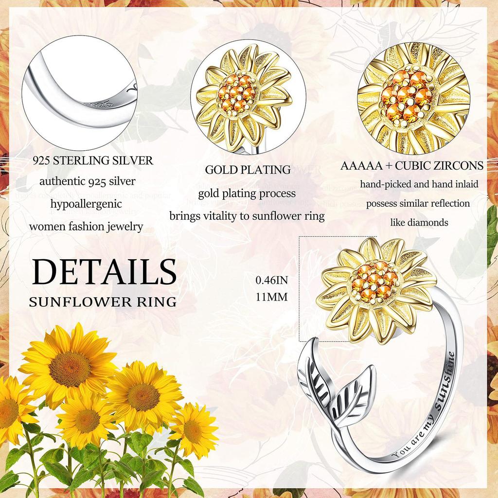 Women's Sunflower Diamond Bee Rotating Anti-stress Open Ring