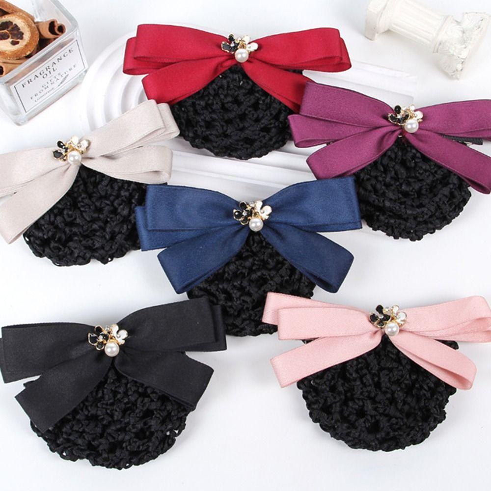 Ribbon Pearls Crochet Bun Net Bun Snood Lace Hair Net Detachable Bow Snood Spring Clip  Bank