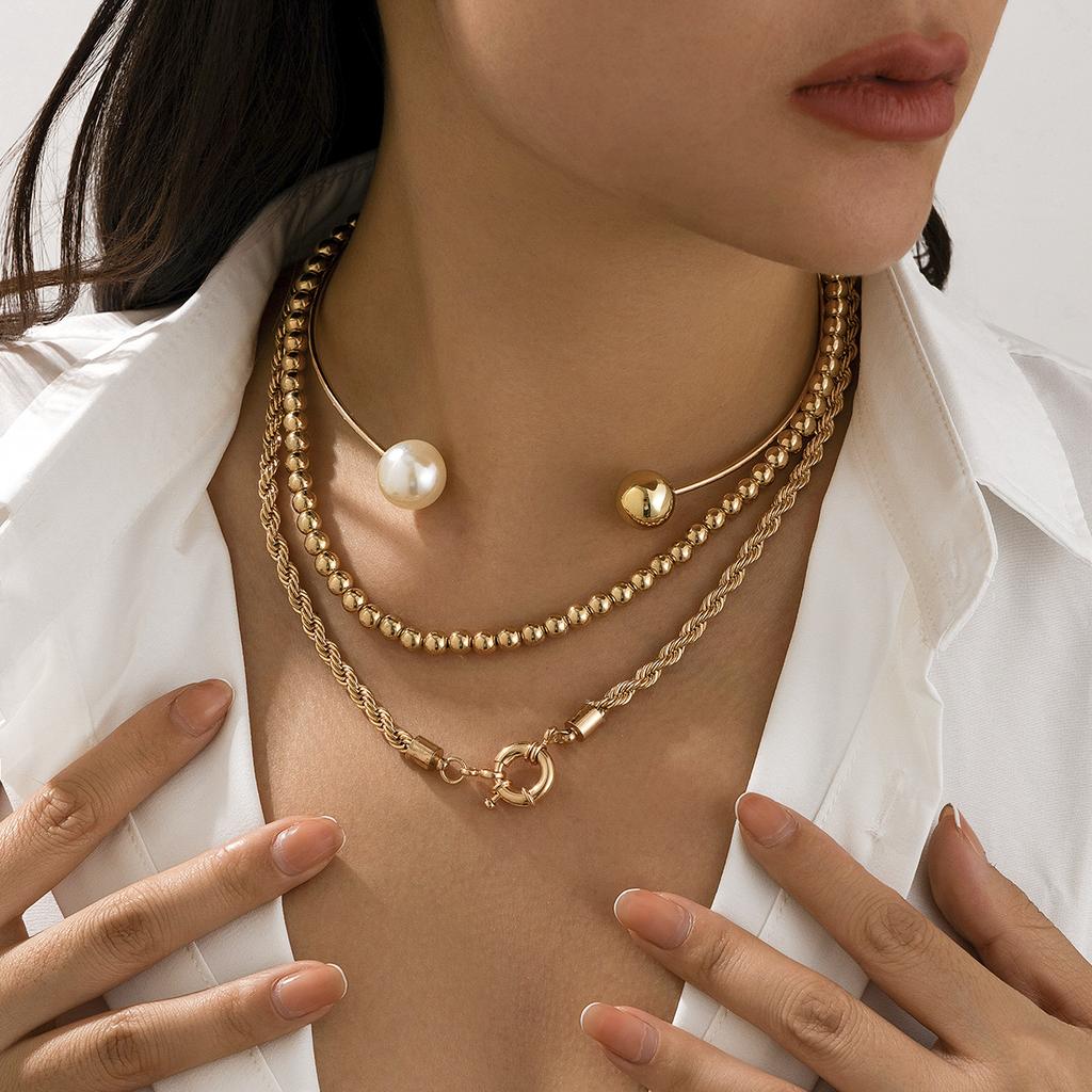 Personalized Metal Ring Collar Item Jewelry, Simple Asymmetric Imitation Pearl Beaded Neck Necklace