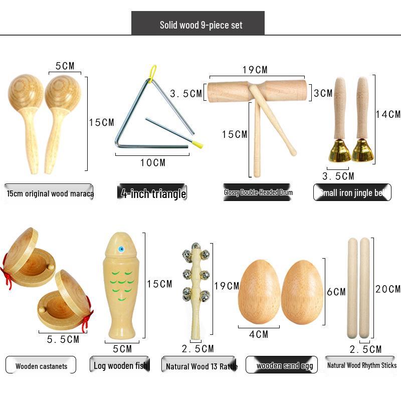 Детские музыкальные инструменты Орфа: Треугольник, Кастаньеты, Маракасы, Бубен, Деревянные бруски, Тарелки